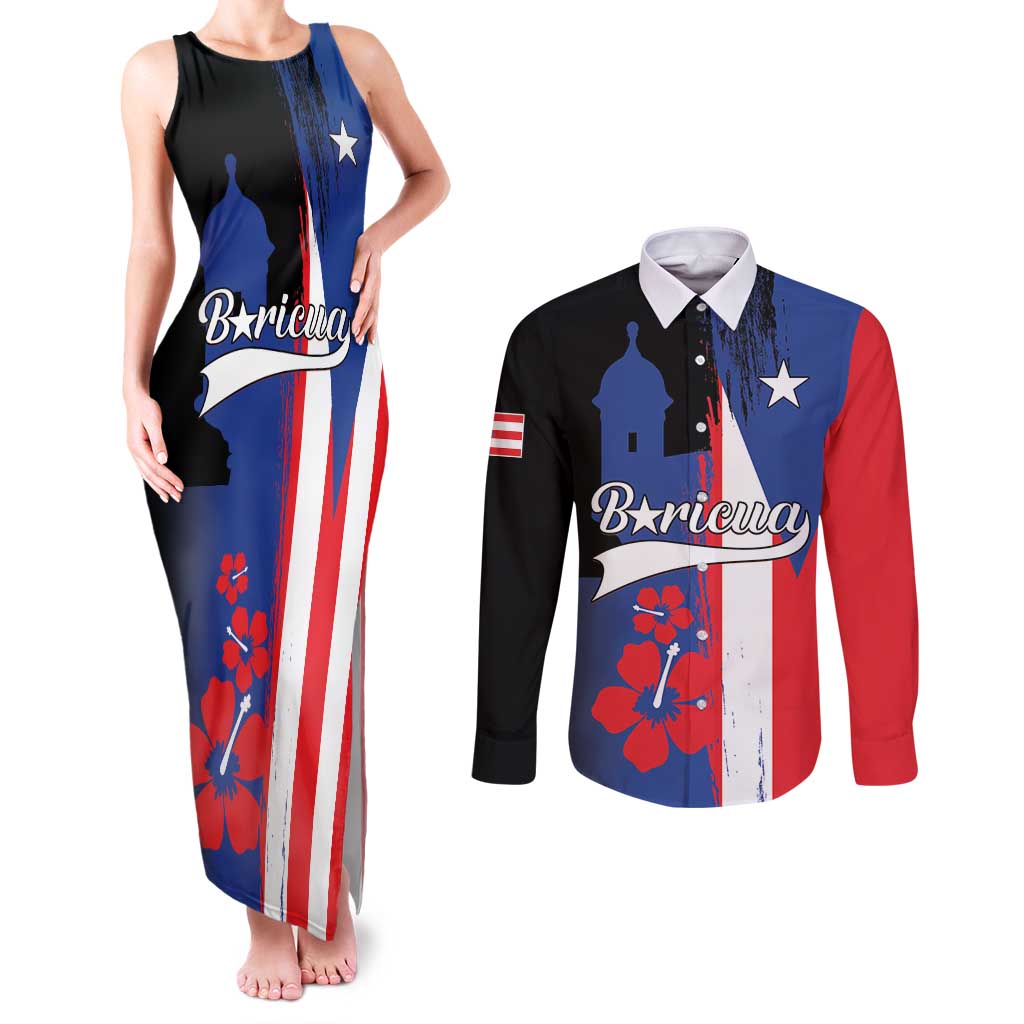 Personalized Boricua Couples Matching Tank Maxi Dress and Long Sleeve Button Shirt Puerto Rico El Morro Flag Style - Wonder Print Shop