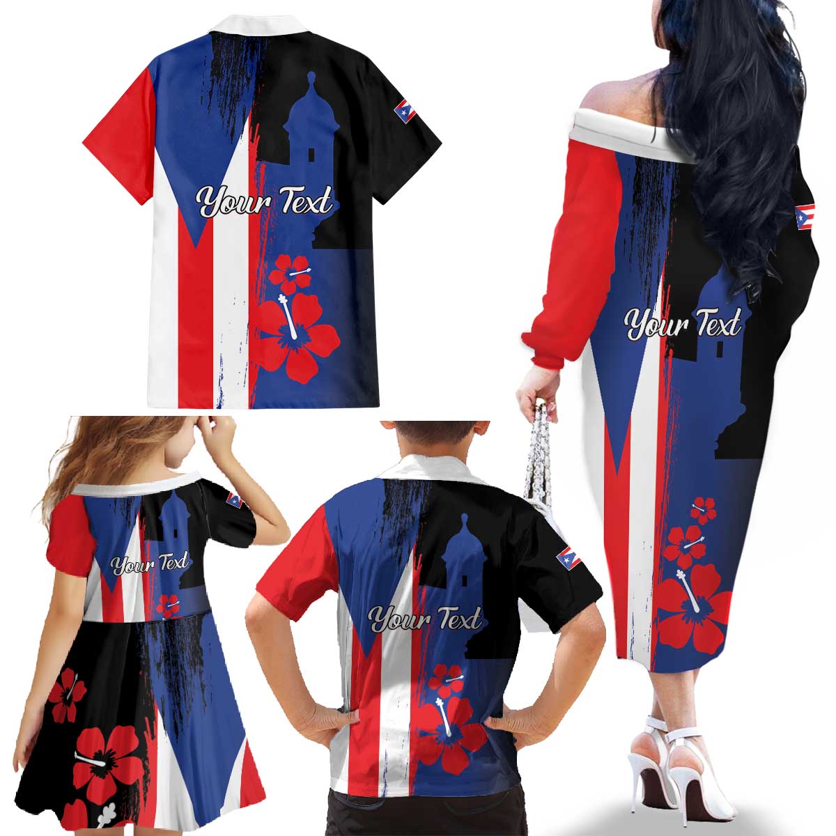 Personalized Boricua Family Matching Off The Shoulder Long Sleeve Dress and Hawaiian Shirt Puerto Rico El Morro Flag Style - Wonder Print Shop