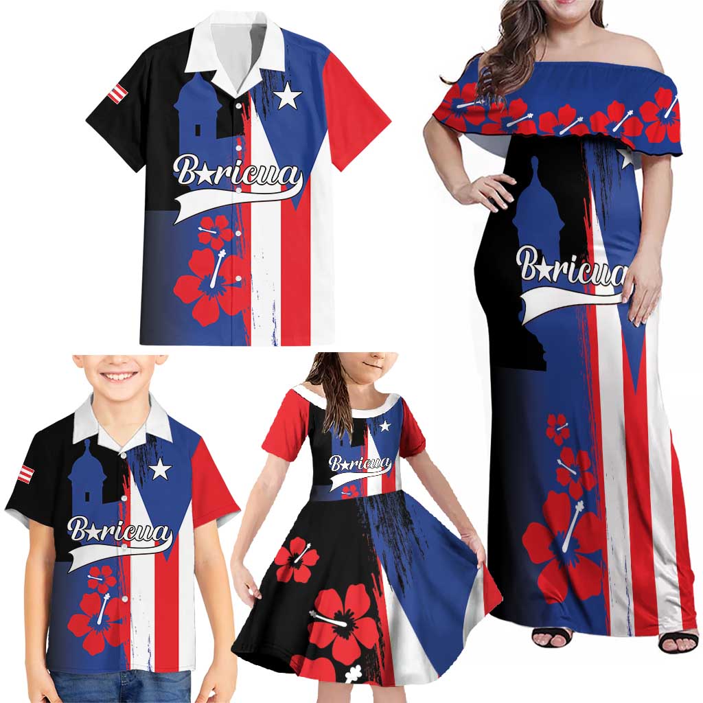 Personalized Boricua Family Matching Off Shoulder Maxi Dress and Hawaiian Shirt Puerto Rico El Morro Flag Style - Wonder Print Shop
