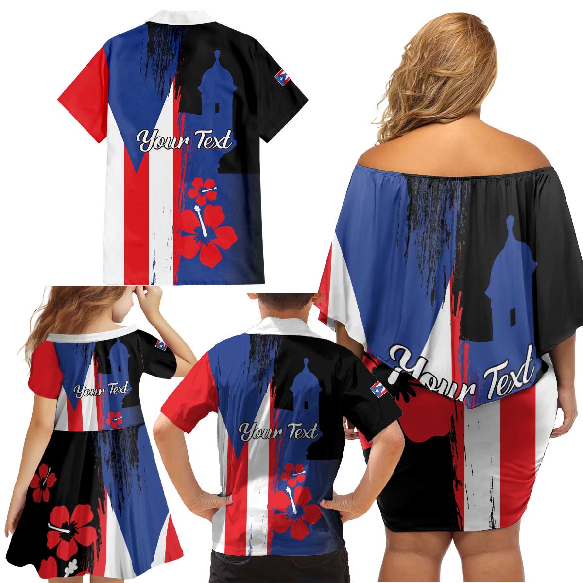 Personalized Boricua Family Matching Off Shoulder Short Dress and Hawaiian Shirt Puerto Rico El Morro Flag Style - Wonder Print Shop