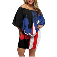 Personalized Boricua Family Matching Off Shoulder Short Dress and Hawaiian Shirt Puerto Rico El Morro Flag Style - Wonder Print Shop