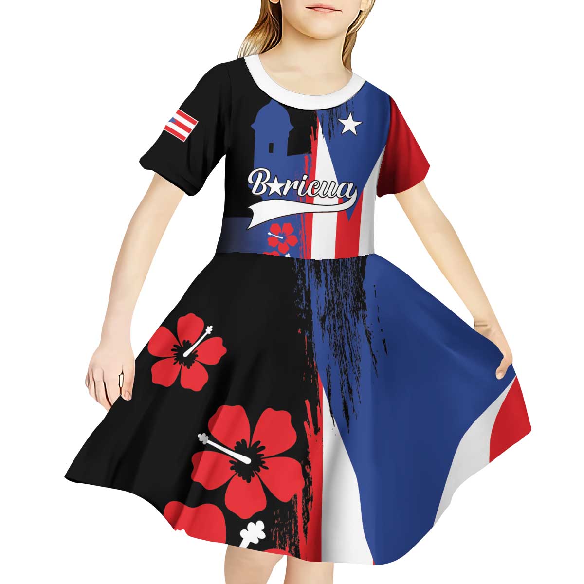 Personalized Boricua Kid Short Sleeve Dress Puerto Rico El Morro Flag Style - Wonder Print Shop