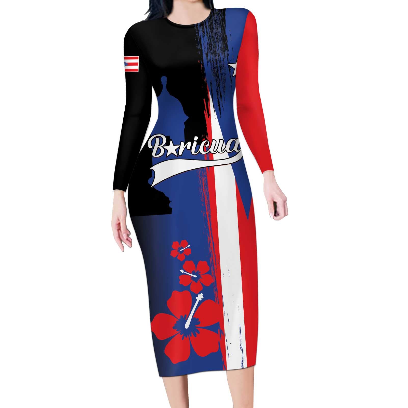 Personalized Boricua Long Sleeve Bodycon Dress Puerto Rico El Morro Flag Style - Wonder Print Shop