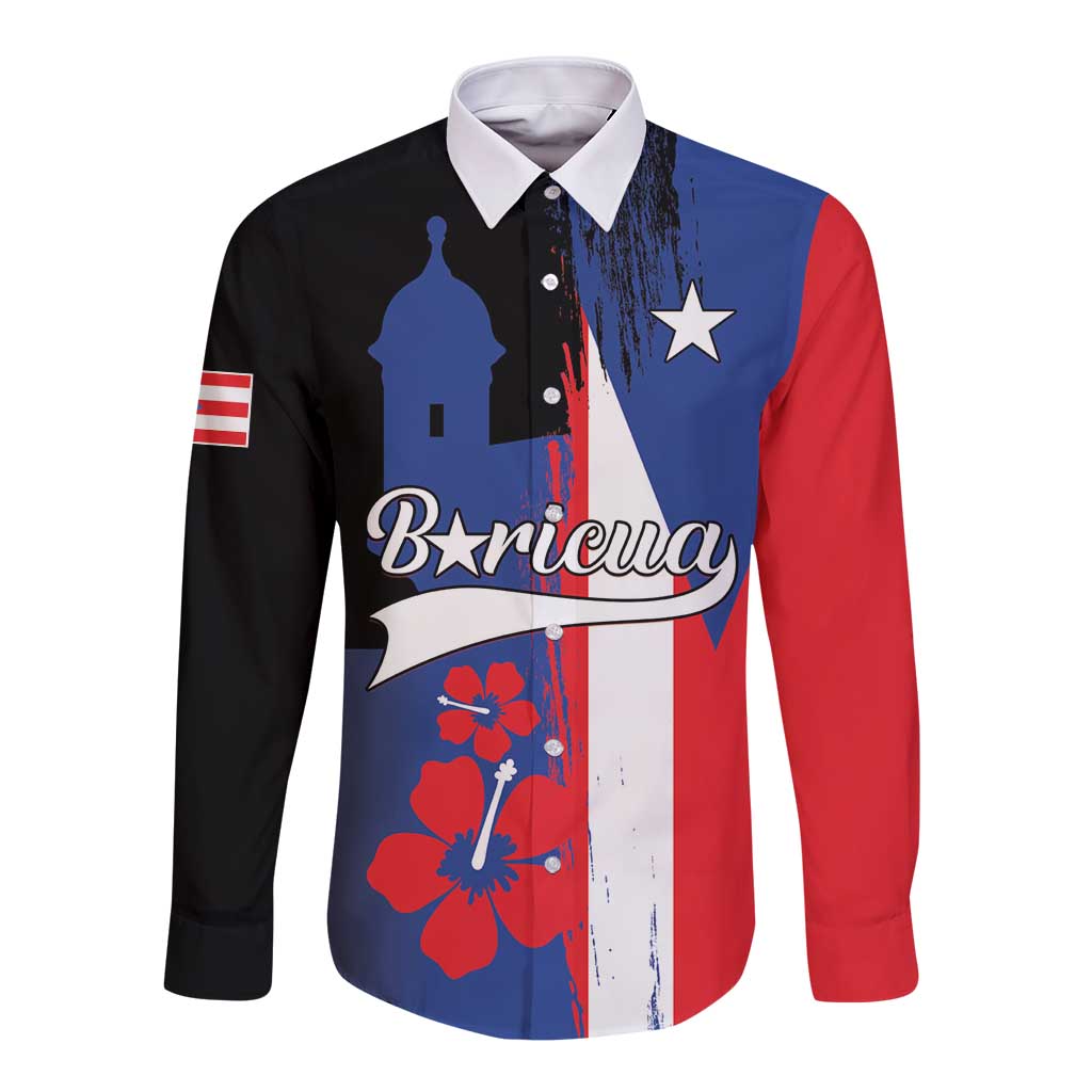 Personalized Boricua Long Sleeve Button Shirt Puerto Rico El Morro Flag Style - Wonder Print Shop