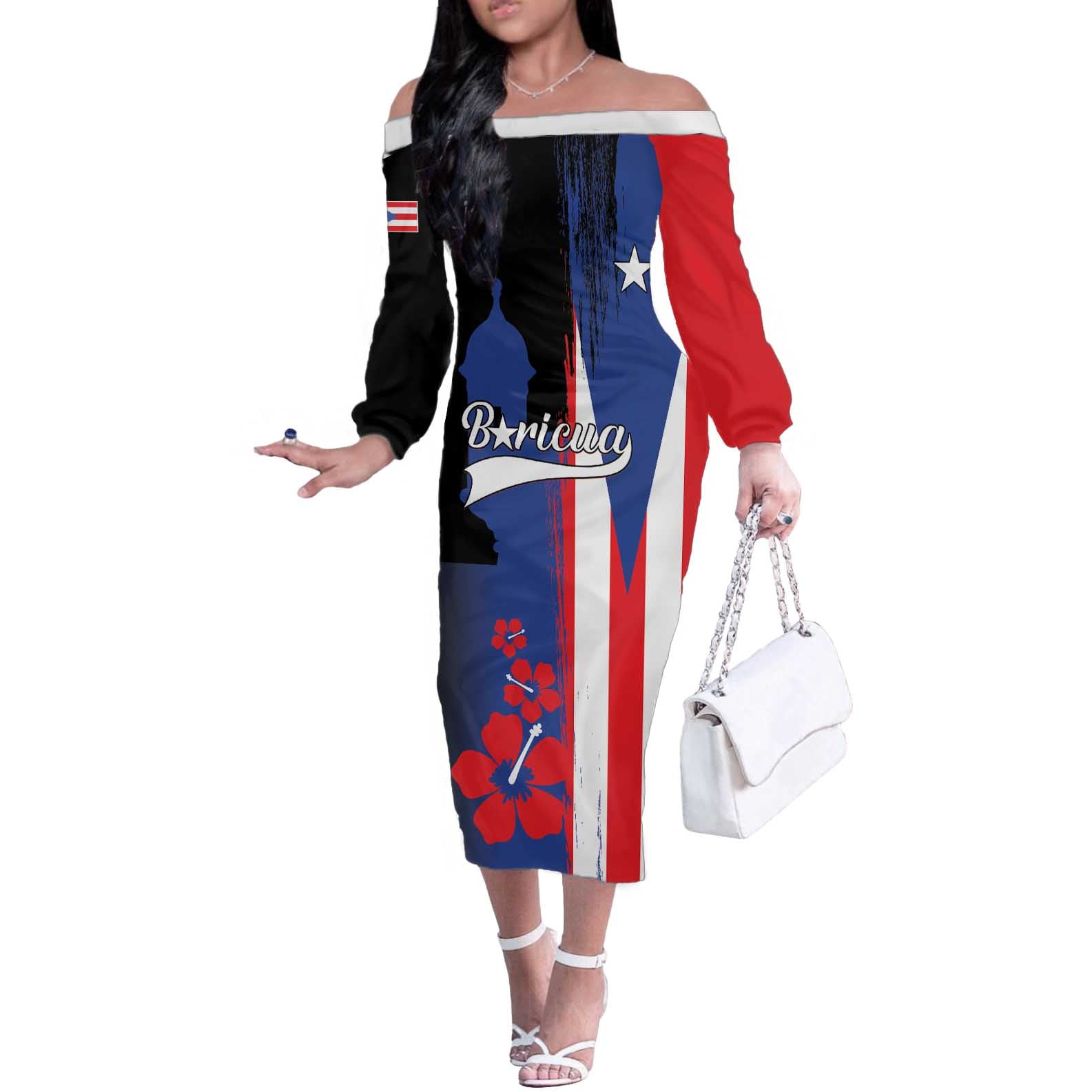 Personalized Boricua Off The Shoulder Long Sleeve Dress Puerto Rico El Morro Flag Style - Wonder Print Shop