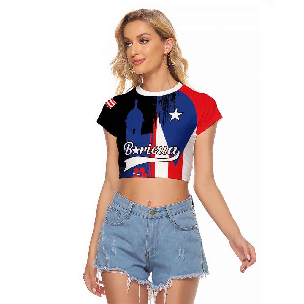 Personalized Boricua Raglan Cropped T Shirt Puerto Rico El Morro Flag Style - Wonder Print Shop