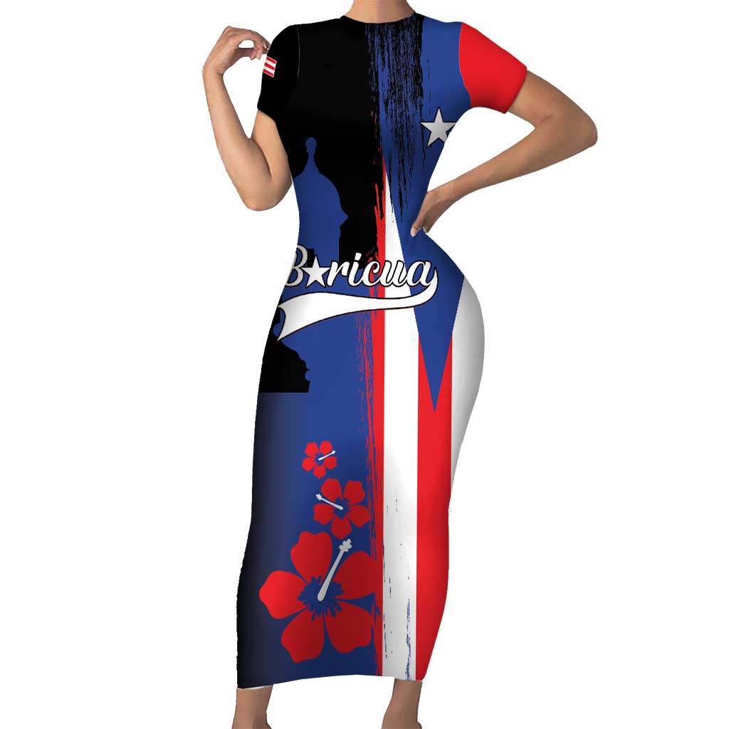 Personalized Boricua Short Sleeve Bodycon Dress Puerto Rico El Morro Flag Style - Wonder Print Shop