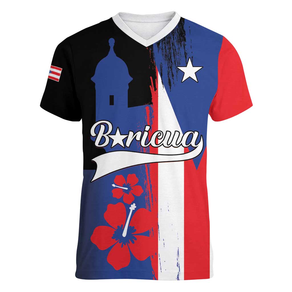Personalized Boricua Women V-Neck T-Shirt Puerto Rico El Morro Flag Style - Wonder Print Shop