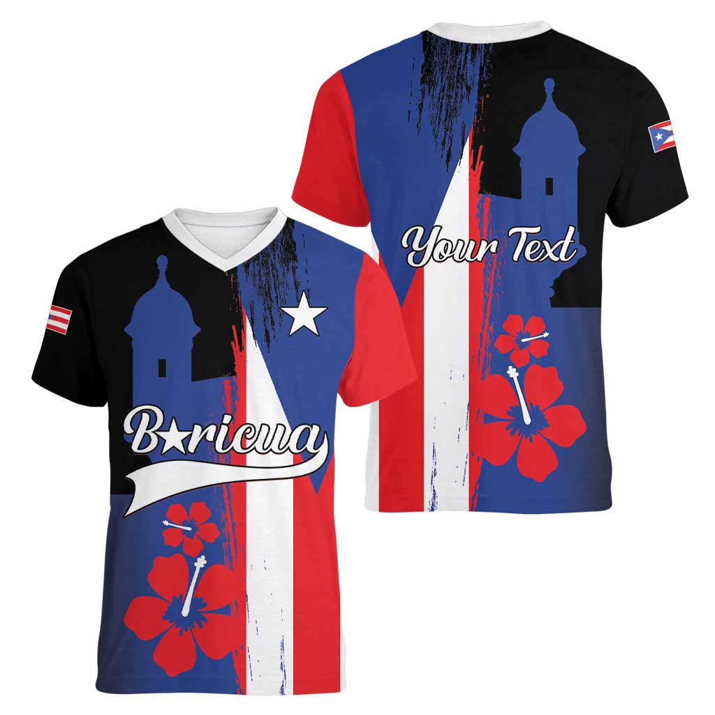 Personalized Boricua Women V-Neck T-Shirt Puerto Rico El Morro Flag Style - Wonder Print Shop