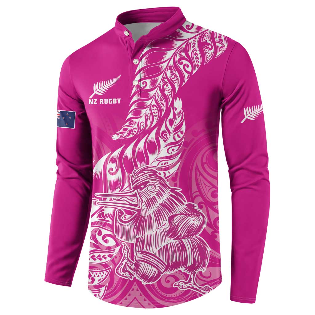 Custom New Zealand Rugby Silver Fern Button Sweatshirt Aotearoa Kiwi Maori Pink Version - Wonder Print Shop