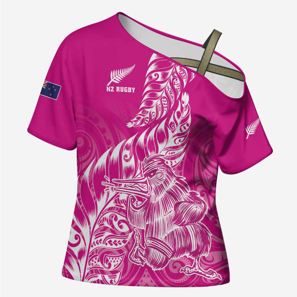 Custom New Zealand Rugby Silver Fern Cross Shoulder Shirt Aotearoa Kiwi Maori Pink Version - Wonder Print Shop