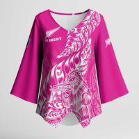 Custom New Zealand Rugby Silver Fern Kimono Sleeve Blouse Aotearoa Kiwi Maori Pink Version - Wonder Print Shop