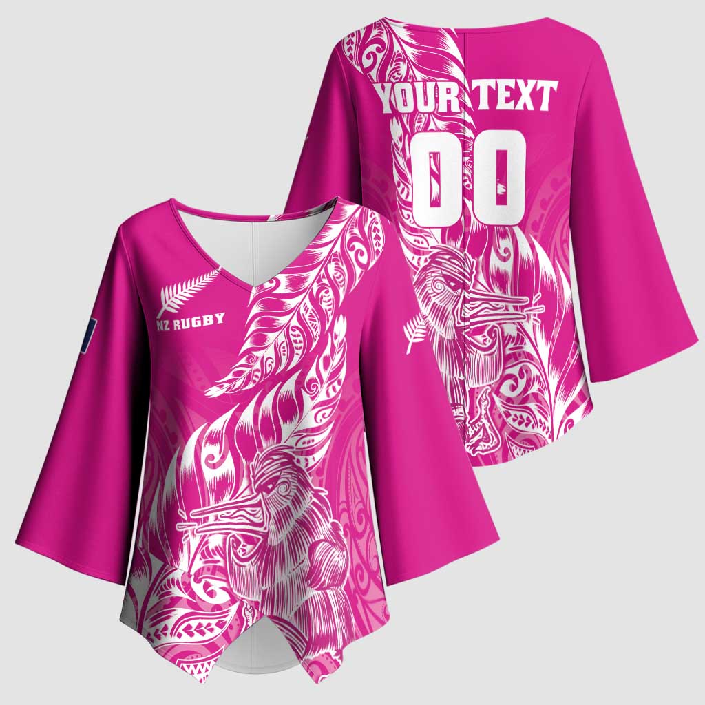 Custom New Zealand Rugby Silver Fern Kimono Sleeve Blouse Aotearoa Kiwi Maori Pink Version - Wonder Print Shop