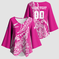 Custom New Zealand Rugby Silver Fern Kimono Sleeve Blouse Aotearoa Kiwi Maori Pink Version - Wonder Print Shop