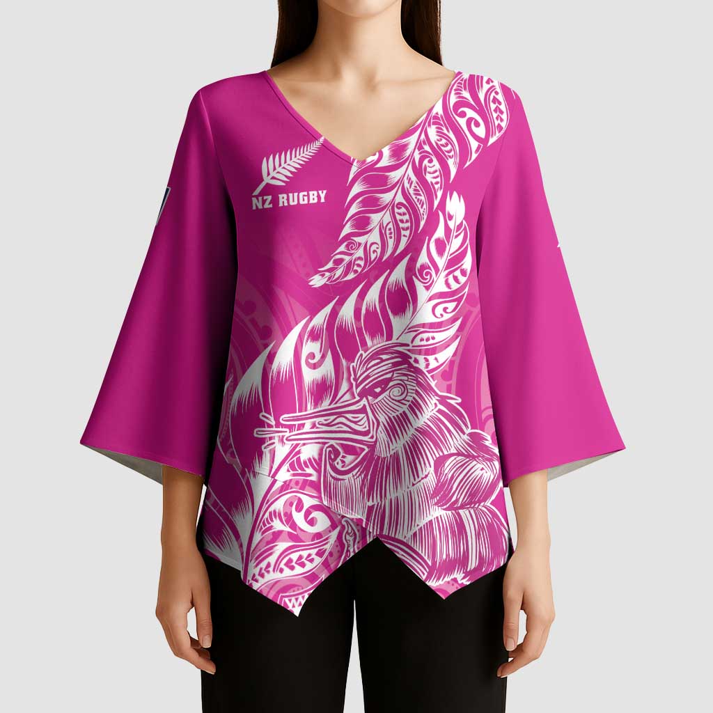 Custom New Zealand Rugby Silver Fern Kimono Sleeve Blouse Aotearoa Kiwi Maori Pink Version - Wonder Print Shop