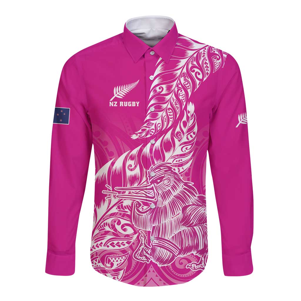 Custom New Zealand Rugby Silver Fern Long Sleeve Button Shirt Aotearoa Kiwi Maori Pink Version - Wonder Print Shop