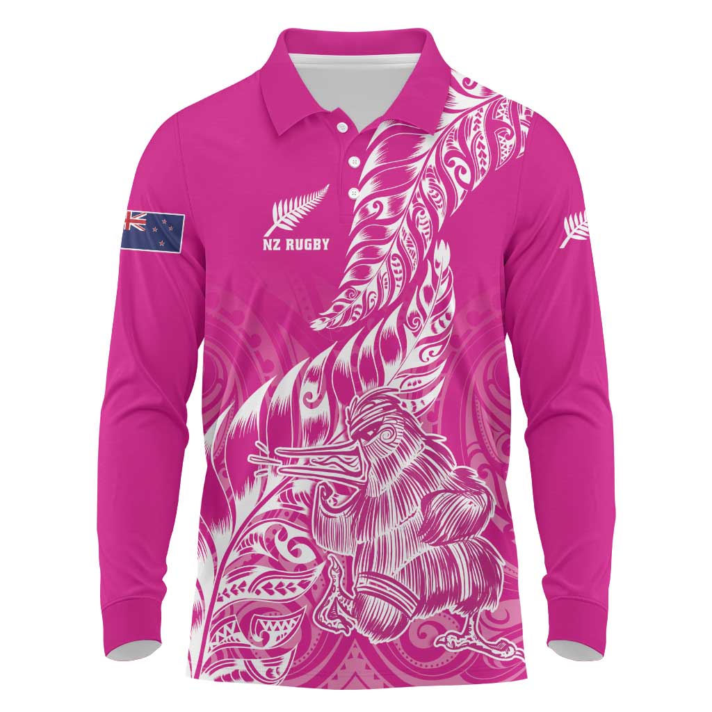 Custom New Zealand Rugby Silver Fern Long Sleeve Polo Shirt Aotearoa Kiwi Maori Pink Version - Wonder Print Shop