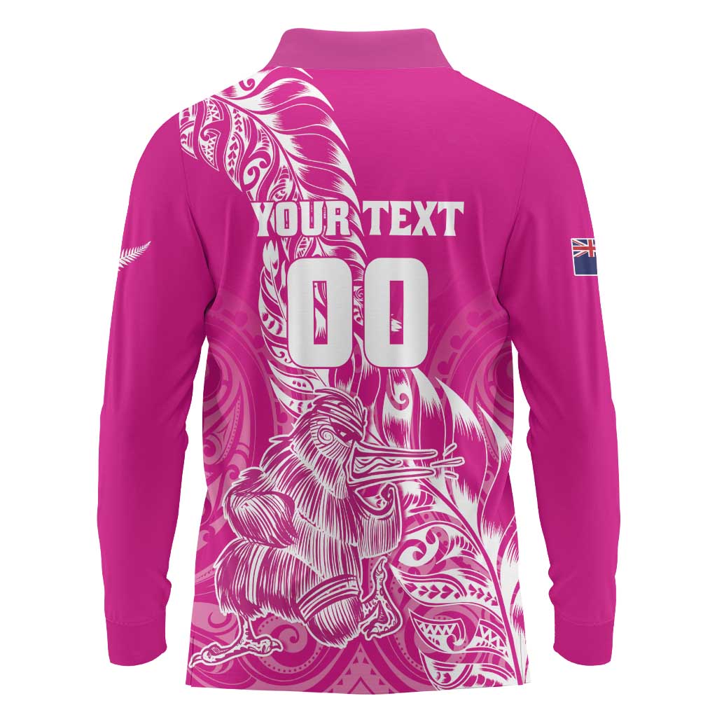Custom New Zealand Rugby Silver Fern Long Sleeve Polo Shirt Aotearoa Kiwi Maori Pink Version - Wonder Print Shop