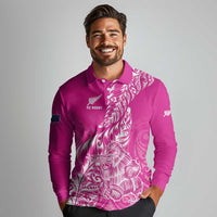 Custom New Zealand Rugby Silver Fern Long Sleeve Polo Shirt Aotearoa Kiwi Maori Pink Version - Wonder Print Shop