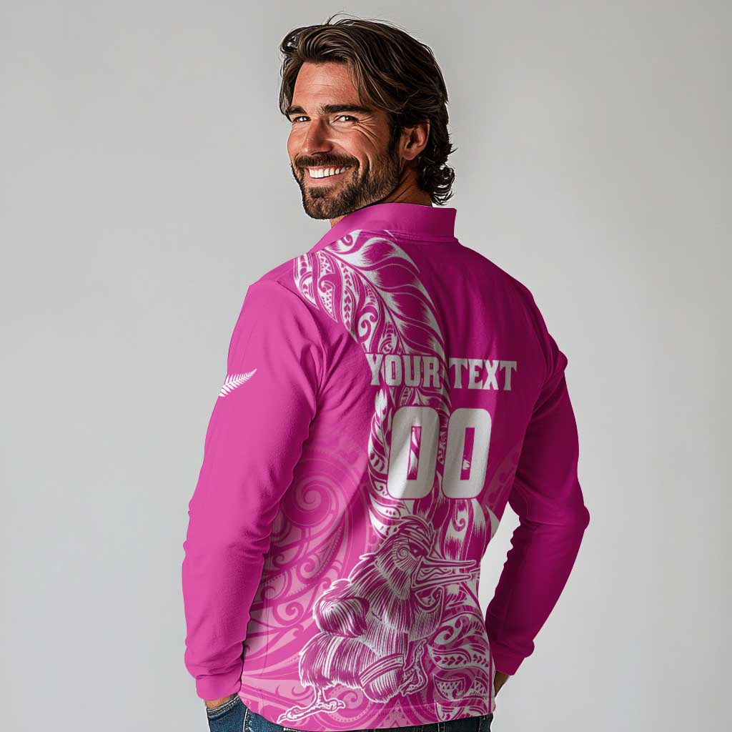 Custom New Zealand Rugby Silver Fern Long Sleeve Polo Shirt Aotearoa Kiwi Maori Pink Version - Wonder Print Shop