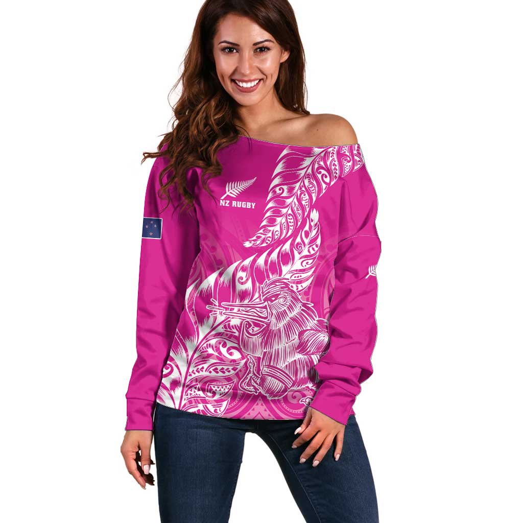 Custom New Zealand Rugby Silver Fern Off Shoulder Sweater Aotearoa Kiwi Maori Pink Version - Wonder Print Shop