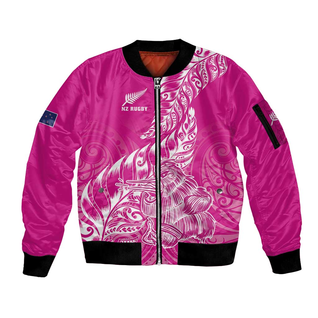 Custom New Zealand Rugby Silver Fern Sleeve Zip Bomber Jacket Aotearoa Kiwi Maori Pink Version - Wonder Print Shop