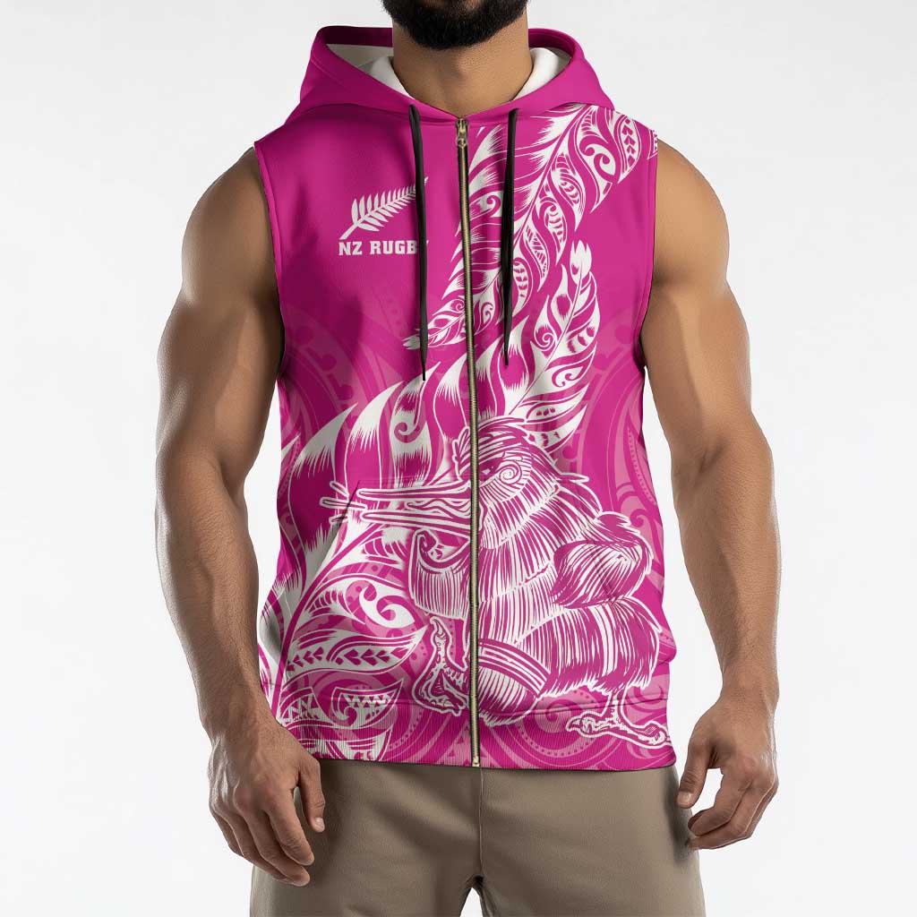 Custom New Zealand Rugby Silver Fern Sleeveless Zip Hoodie Aotearoa Kiwi Maori Pink Version - Wonder Print Shop