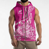 Custom New Zealand Rugby Silver Fern Sleeveless Zip Hoodie Aotearoa Kiwi Maori Pink Version - Wonder Print Shop
