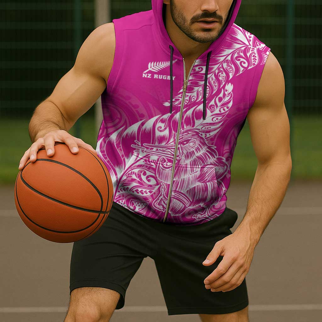 Custom New Zealand Rugby Silver Fern Sleeveless Zip Hoodie Aotearoa Kiwi Maori Pink Version - Wonder Print Shop