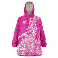 Custom New Zealand Rugby Silver Fern Wearable Blanket Hoodie Aotearoa Kiwi Maori Pink Version - Wonder Print Shop