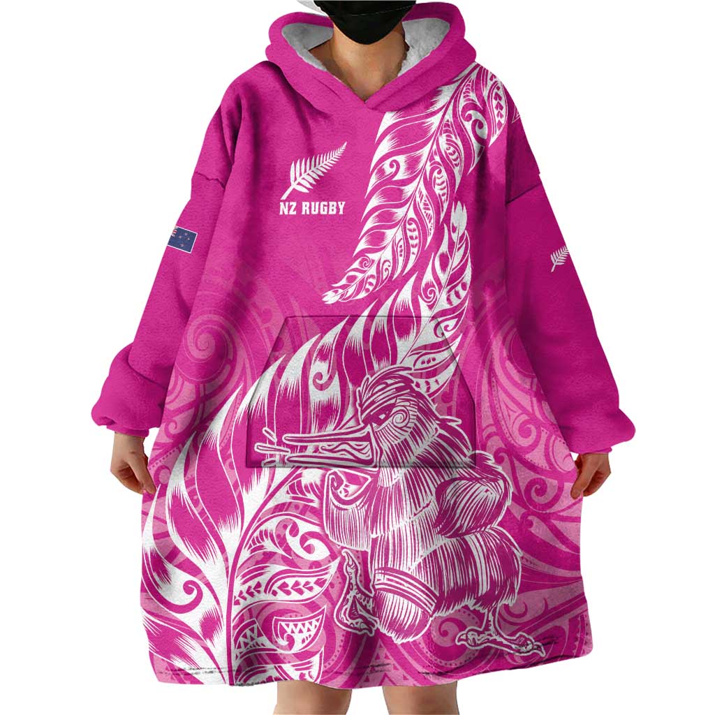 Custom New Zealand Rugby Silver Fern Wearable Blanket Hoodie Aotearoa Kiwi Maori Pink Version - Wonder Print Shop