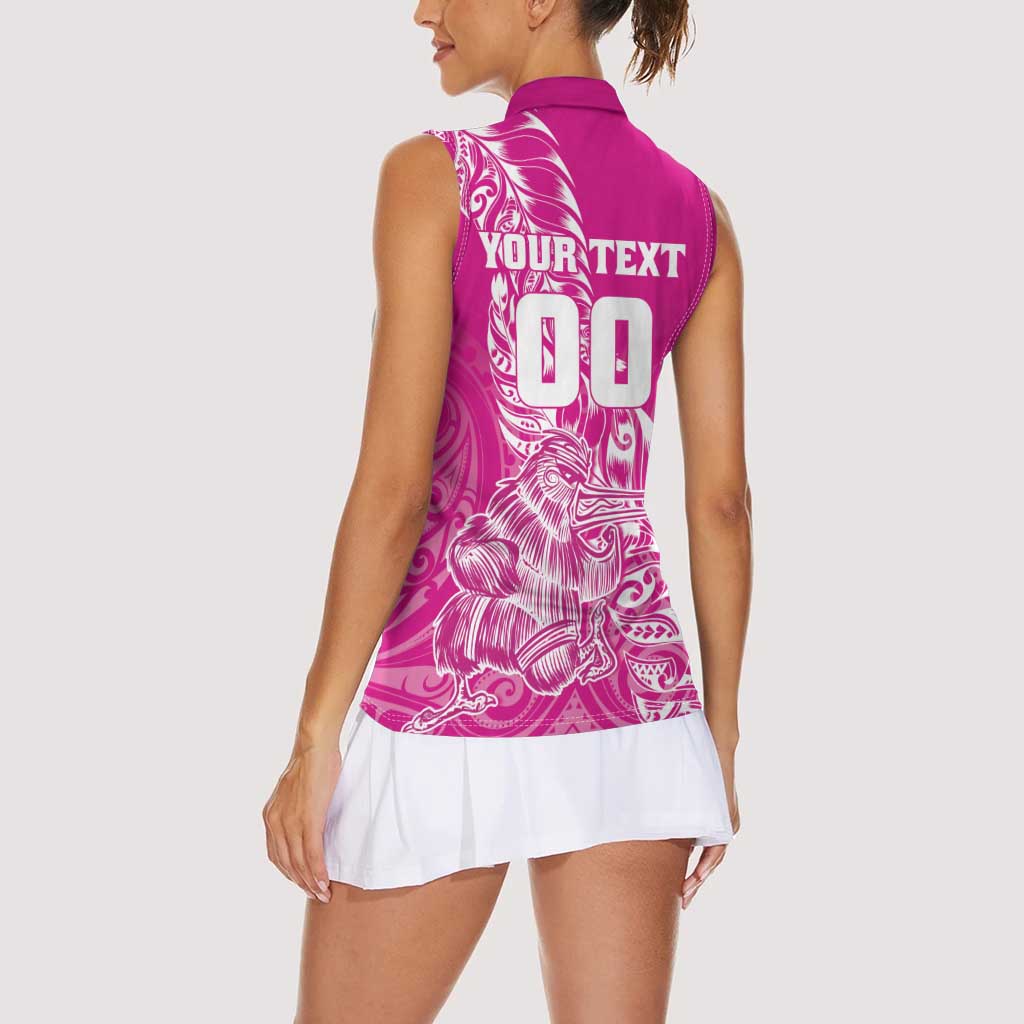 Custom New Zealand Rugby Silver Fern Women Sleeveless Polo Shirt Aotearoa Kiwi Maori Pink Version - Wonder Print Shop