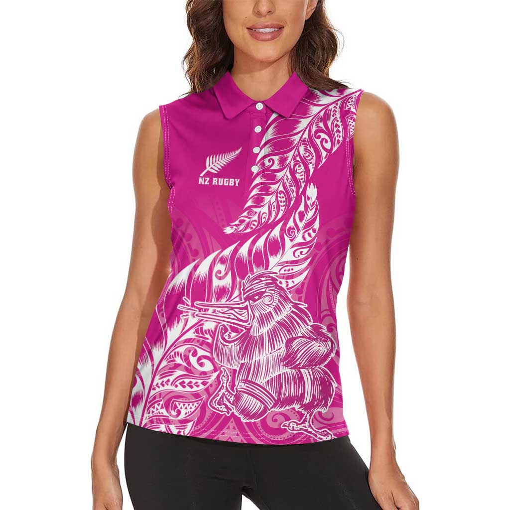 Custom New Zealand Rugby Silver Fern Women Sleeveless Polo Shirt Aotearoa Kiwi Maori Pink Version - Wonder Print Shop