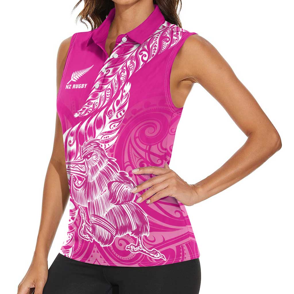 Custom New Zealand Rugby Silver Fern Women Sleeveless Polo Shirt Aotearoa Kiwi Maori Pink Version - Wonder Print Shop