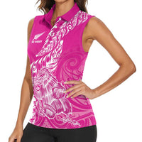 Custom New Zealand Rugby Silver Fern Women Sleeveless Polo Shirt Aotearoa Kiwi Maori Pink Version - Wonder Print Shop