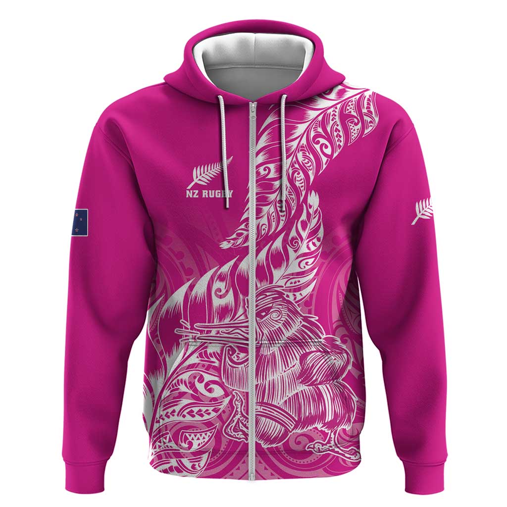 Custom New Zealand Rugby Silver Fern Zip Hoodie Aotearoa Kiwi Maori Pink Version - Wonder Print Shop
