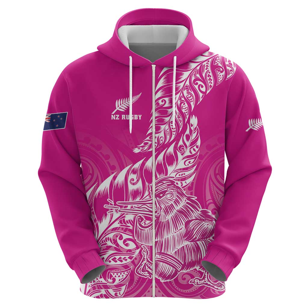 Custom New Zealand Rugby Silver Fern Zip Hoodie Aotearoa Kiwi Maori Pink Version - Wonder Print Shop