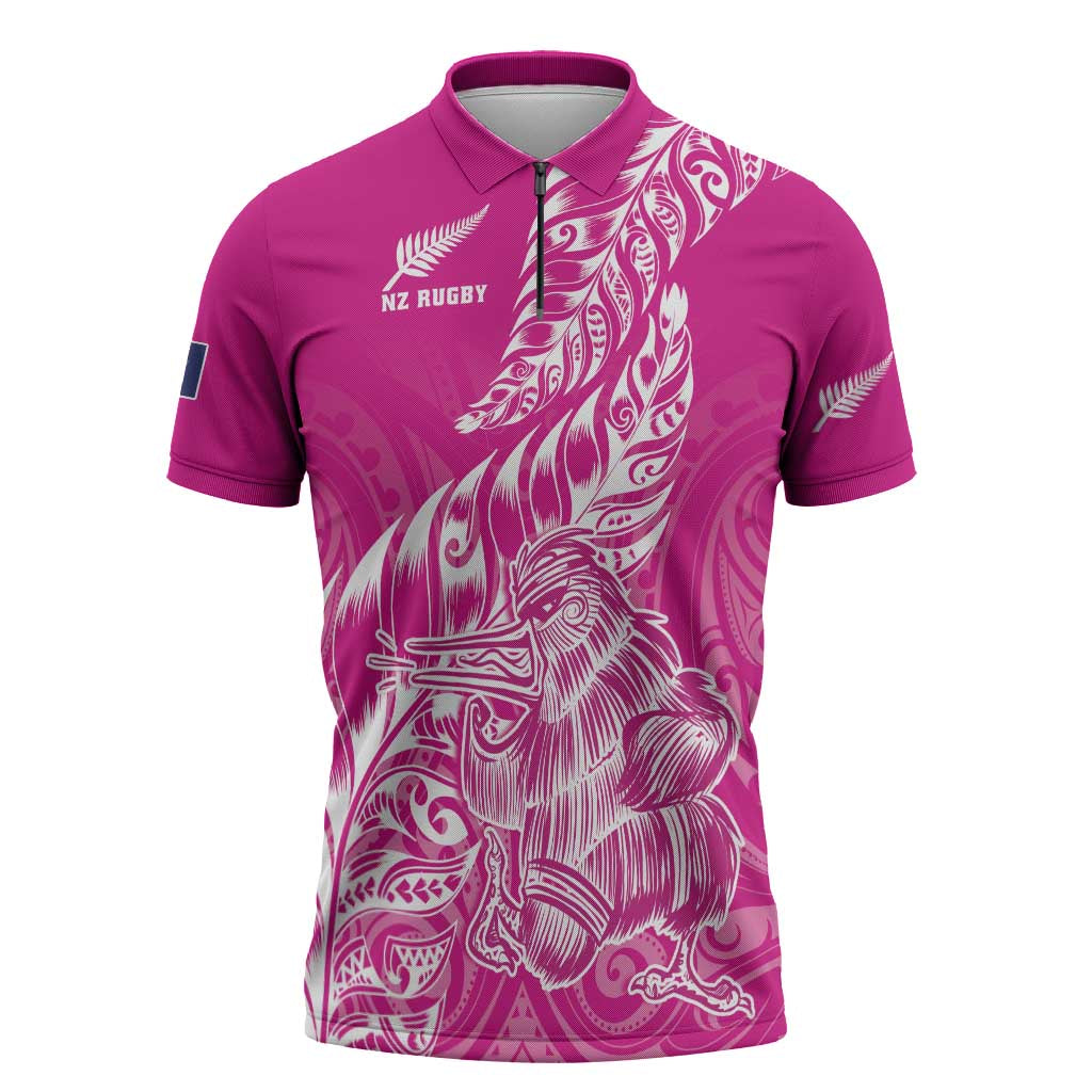 Custom New Zealand Rugby Silver Fern Zipper Polo Shirt Aotearoa Kiwi Maori Pink Version - Wonder Print Shop