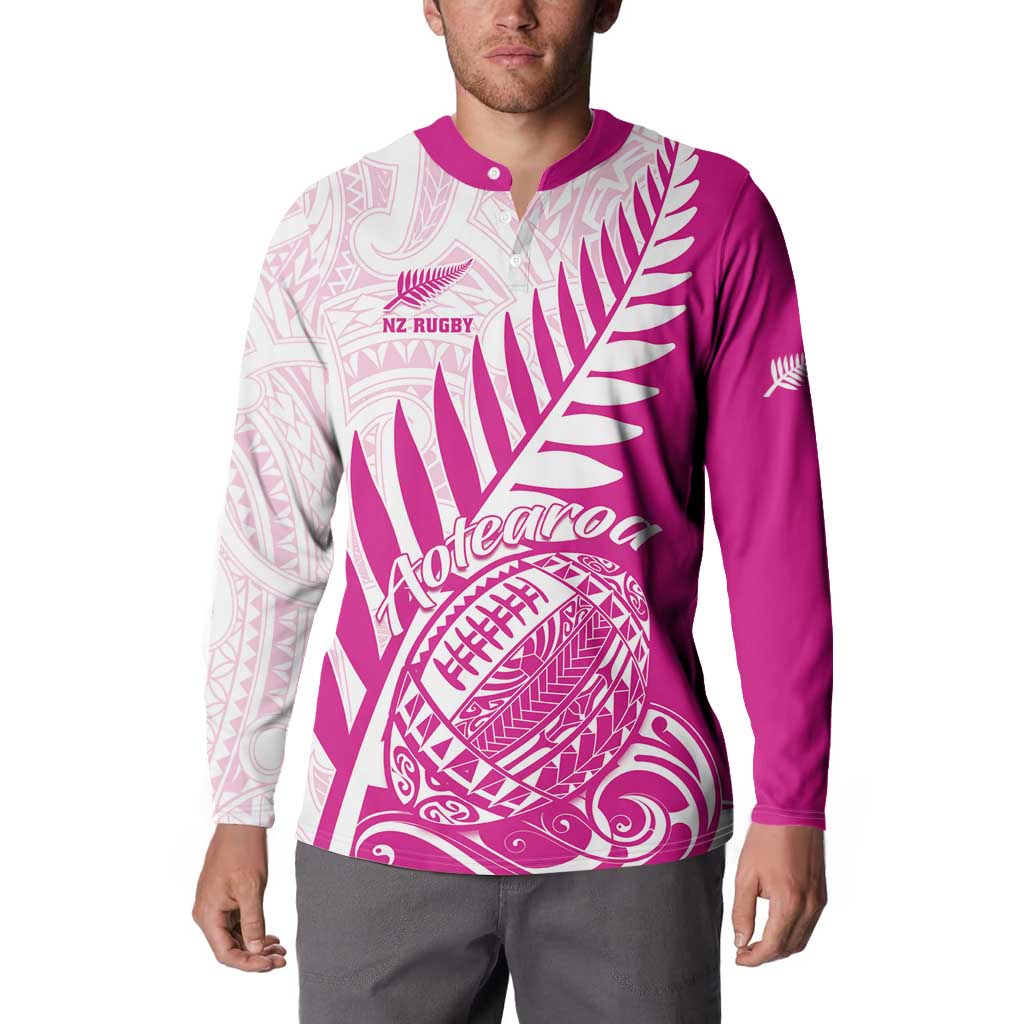 Custom New Zealand Rugby Silver Fern Button Sweatshirt Aotearoa Maori Pink Version - Wonder Print Shop