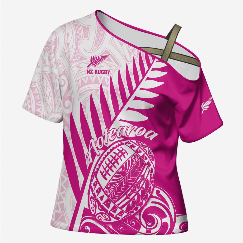Custom New Zealand Rugby Silver Fern Cross Shoulder Shirt Aotearoa Maori Pink Version - Wonder Print Shop