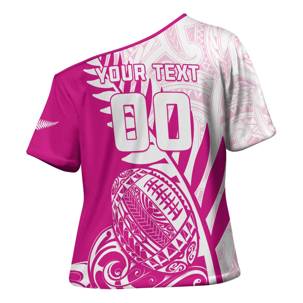 Custom New Zealand Rugby Silver Fern Cross Shoulder Shirt Aotearoa Maori Pink Version - Wonder Print Shop