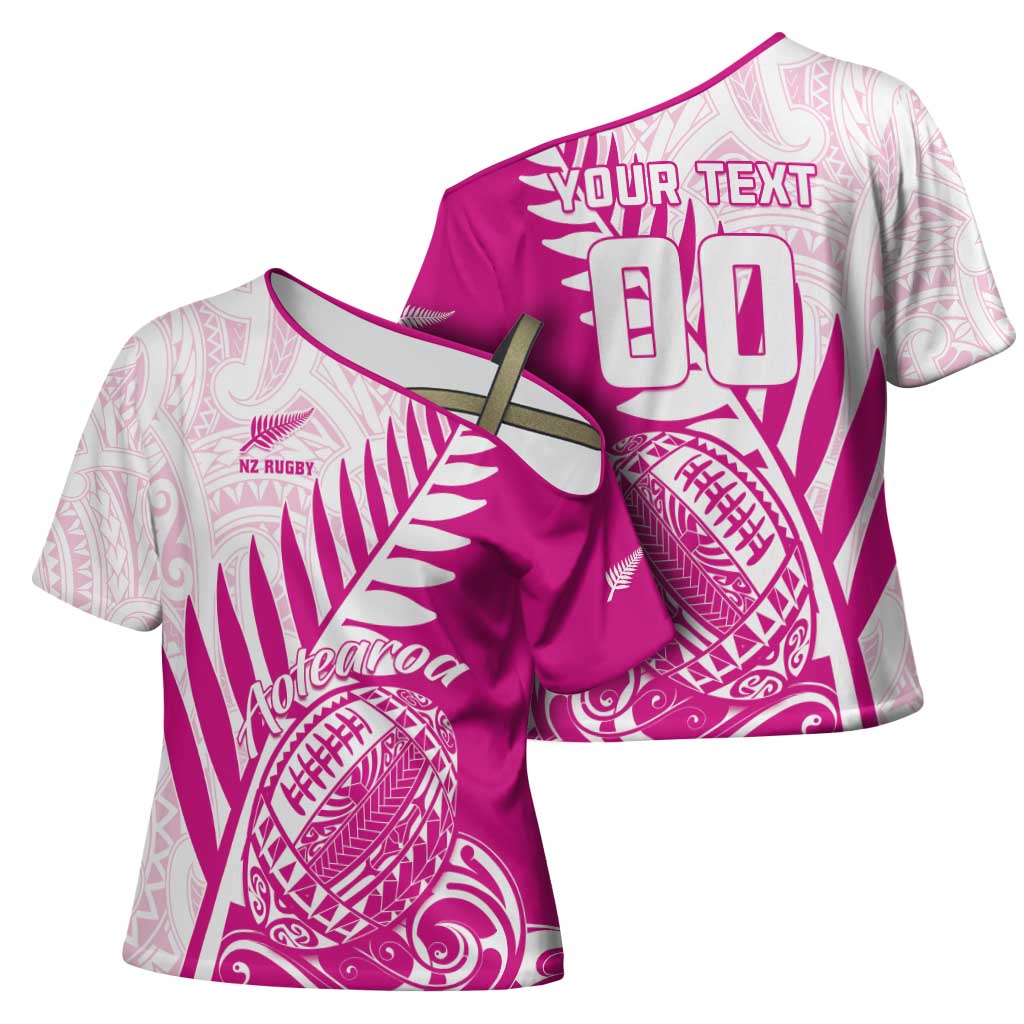 Custom New Zealand Rugby Silver Fern Cross Shoulder Shirt Aotearoa Maori Pink Version - Wonder Print Shop