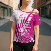 Custom New Zealand Rugby Silver Fern Cross Shoulder Shirt Aotearoa Maori Pink Version - Wonder Print Shop