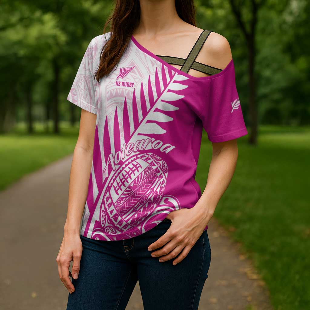 Custom New Zealand Rugby Silver Fern Cross Shoulder Shirt Aotearoa Maori Pink Version - Wonder Print Shop