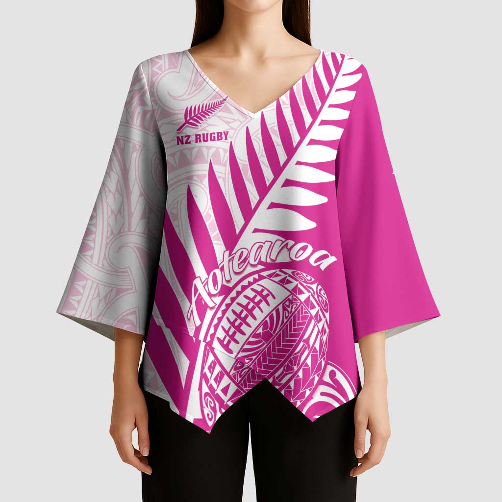 Custom New Zealand Rugby Silver Fern Kimono Sleeve Blouse Aotearoa Maori Pink Version - Wonder Print Shop