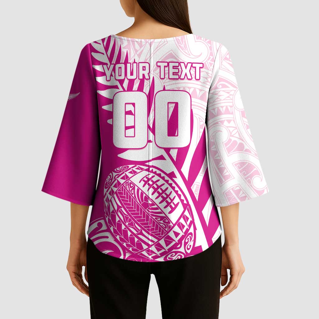 Custom New Zealand Rugby Silver Fern Kimono Sleeve Blouse Aotearoa Maori Pink Version - Wonder Print Shop