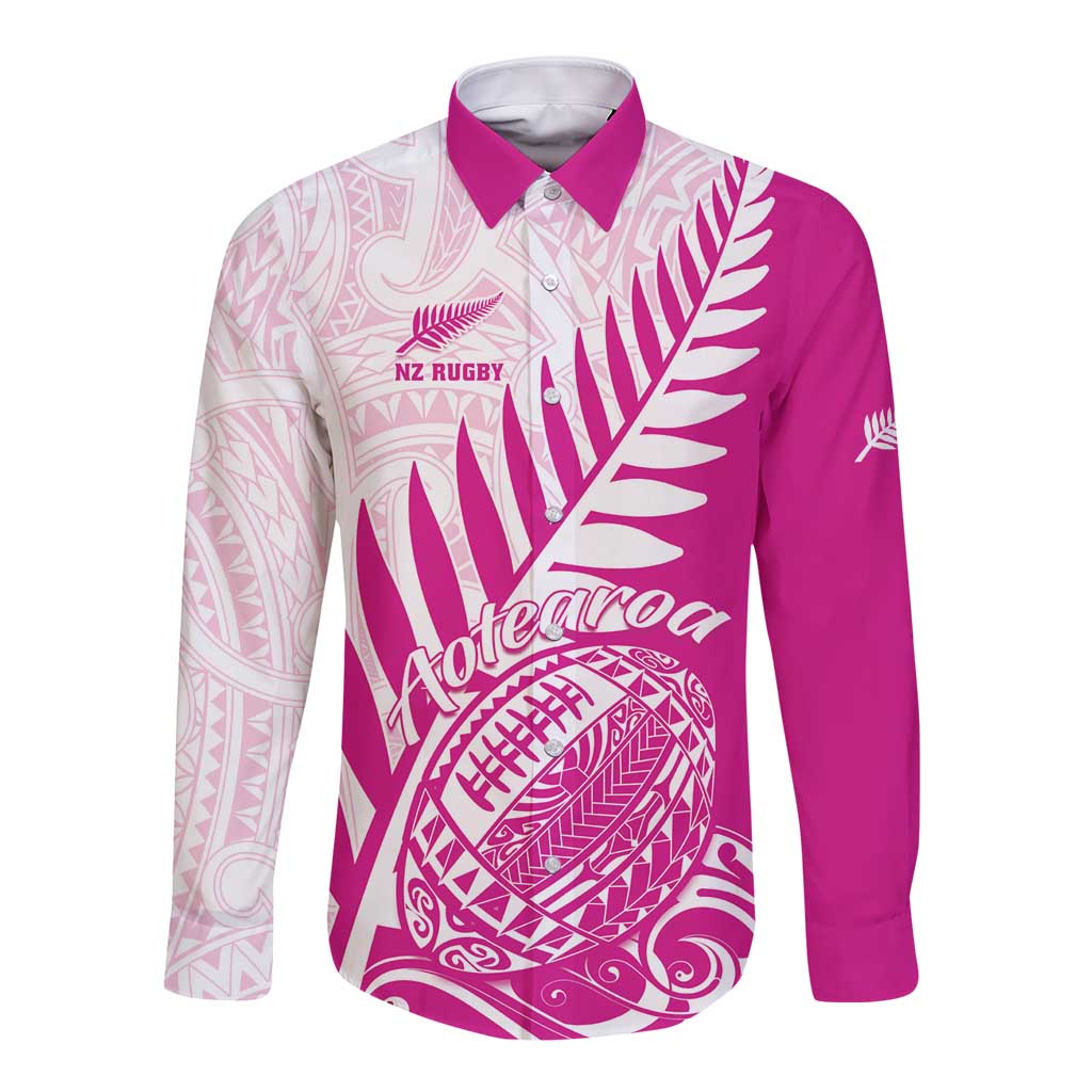 Custom New Zealand Rugby Silver Fern Long Sleeve Button Shirt Aotearoa Maori Pink Version - Wonder Print Shop