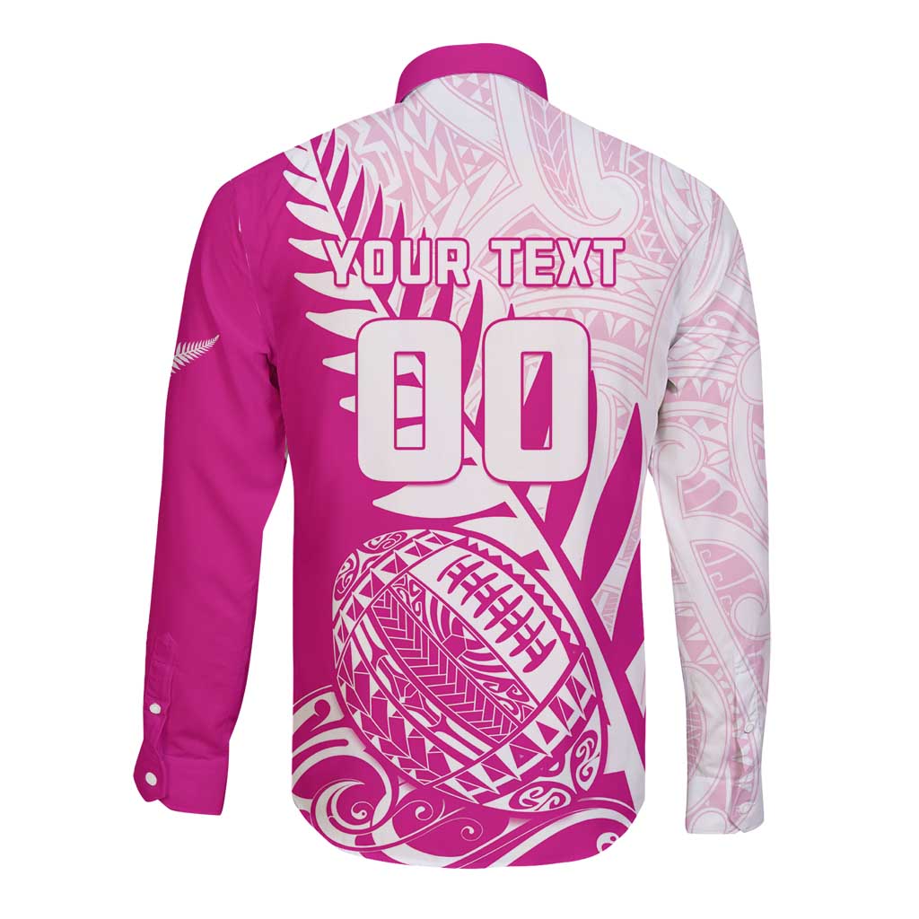 Custom New Zealand Rugby Silver Fern Long Sleeve Button Shirt Aotearoa Maori Pink Version - Wonder Print Shop