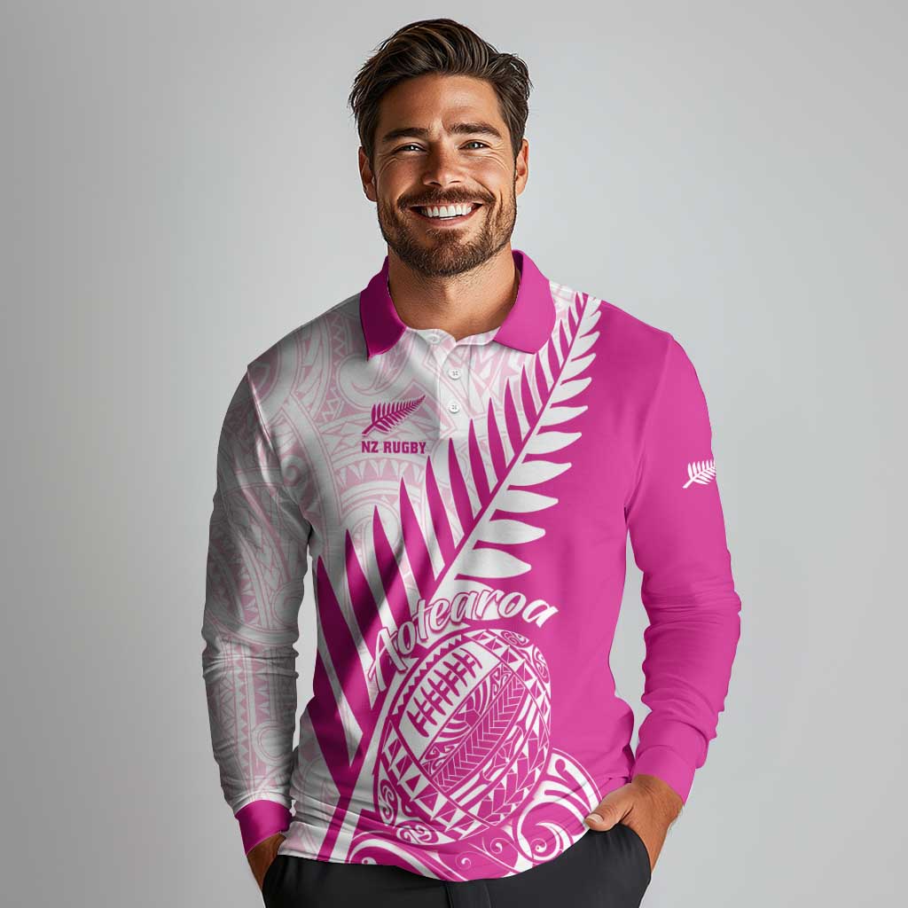 Custom New Zealand Rugby Silver Fern Long Sleeve Polo Shirt Aotearoa Maori Pink Version - Wonder Print Shop