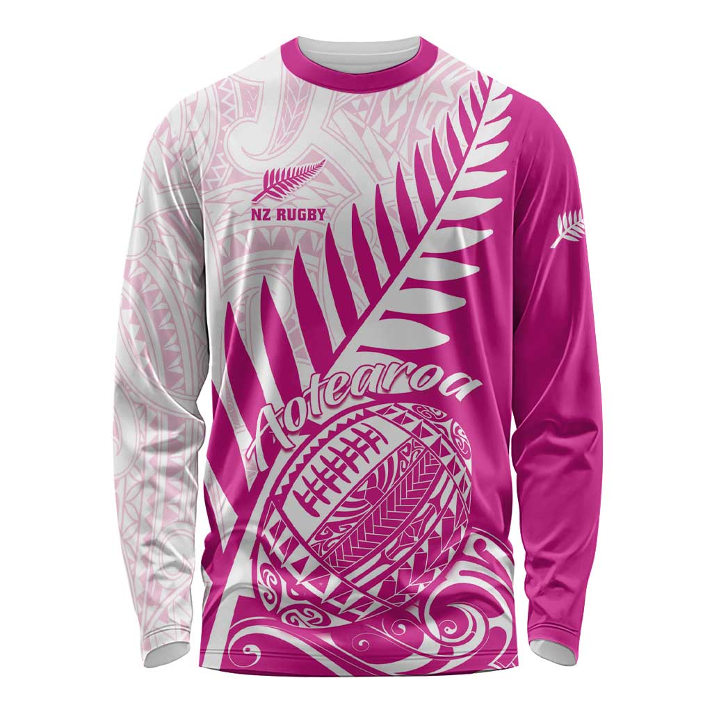 Custom New Zealand Rugby Silver Fern Long Sleeve Shirt Aotearoa Maori Pink Version - Wonder Print Shop